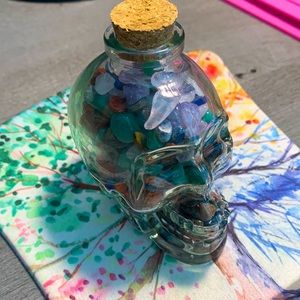 Skull jar of crystals